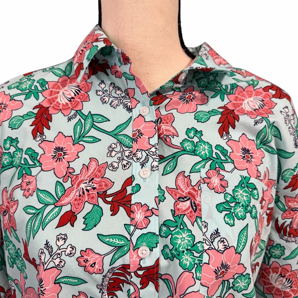 Lands' End Womens Blue Floral 100% Cotton Button Down Tunic Shirt Sz 16P No Iron